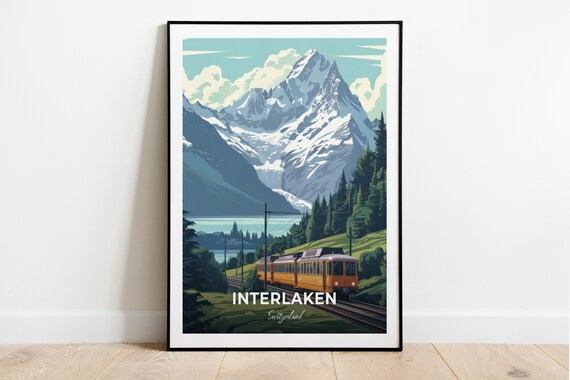 Interlaken Alpine Train Snowy Mountain Peaks Valley Travel Poster
