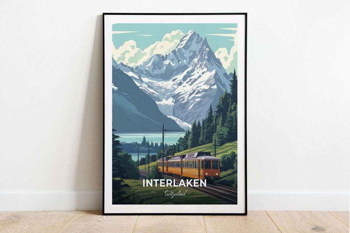 Interlaken Alpine Train Snowy Mountain Peaks Valley Travel Poster