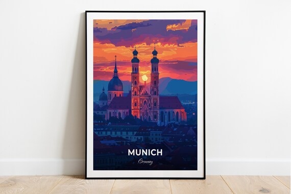 Munich Frauenkirche Twin Domed Towers Sunset Sky Travel Poster