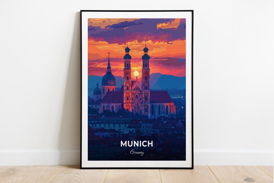 Munich Frauenkirche Twin Domed Towers Sunset Sky Travel Poster