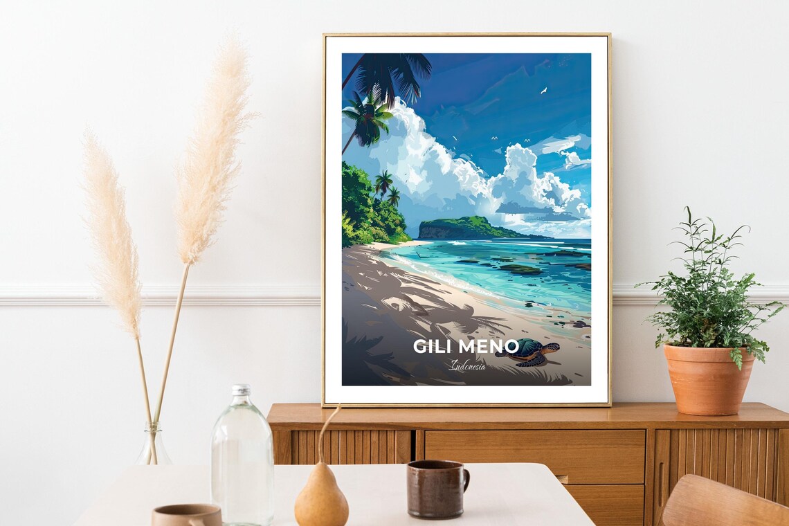 Gili Meno Indonesia Beach Sea Turtle Tropical Island Travel Poster - Image 3