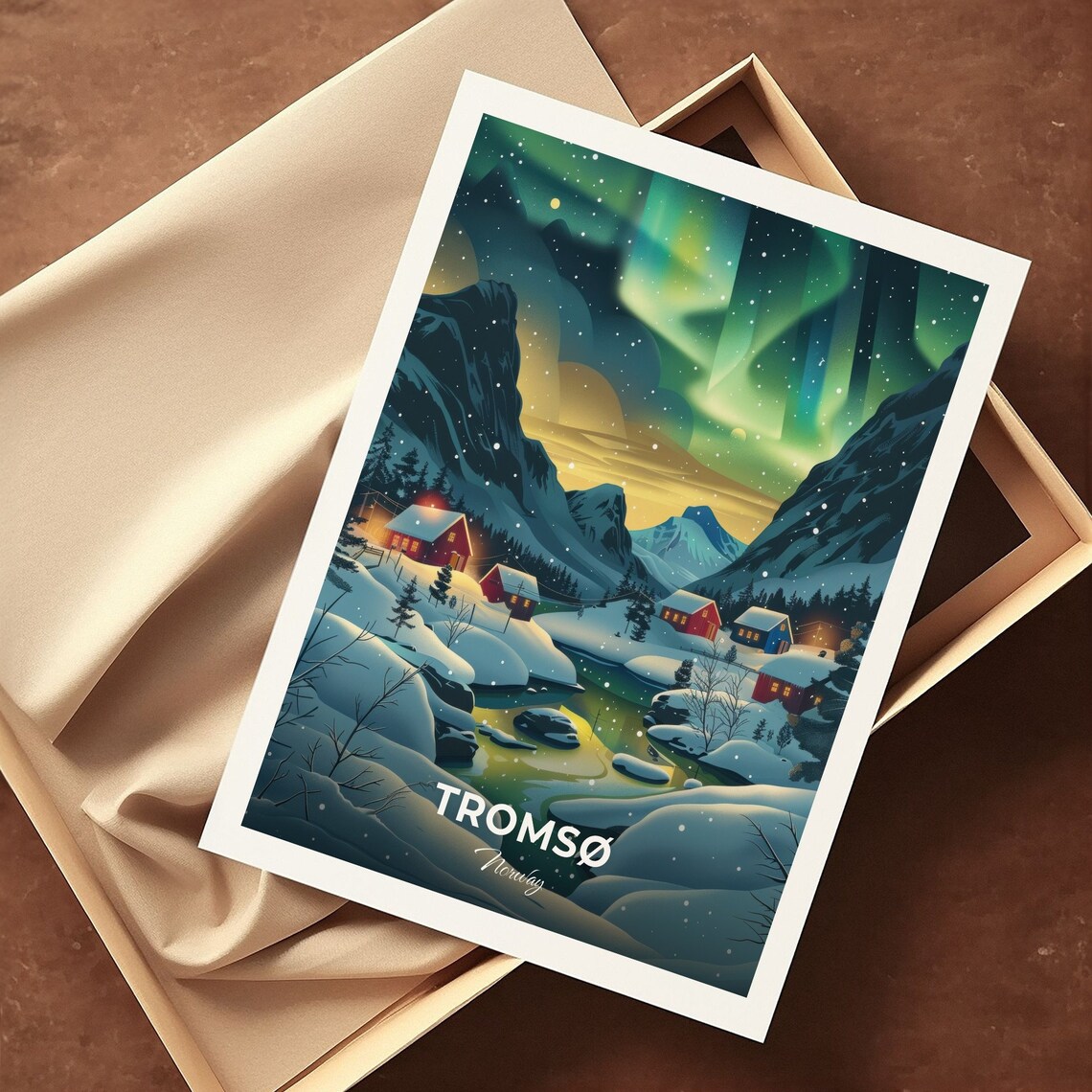 Tromso Norway Northern Lights Over Snowy Village Winter Poster - Image 3
