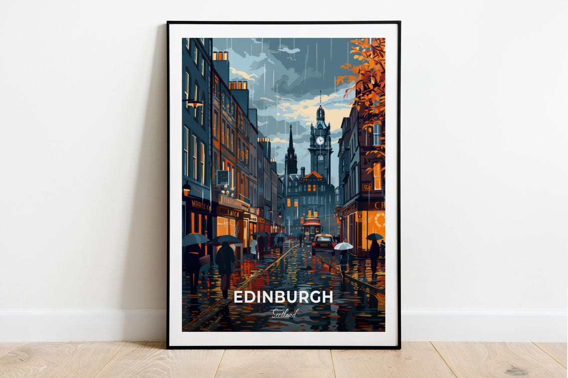 Edinburgh Scotland Rainy Night Street Umbrellas Vintage Travel Poster