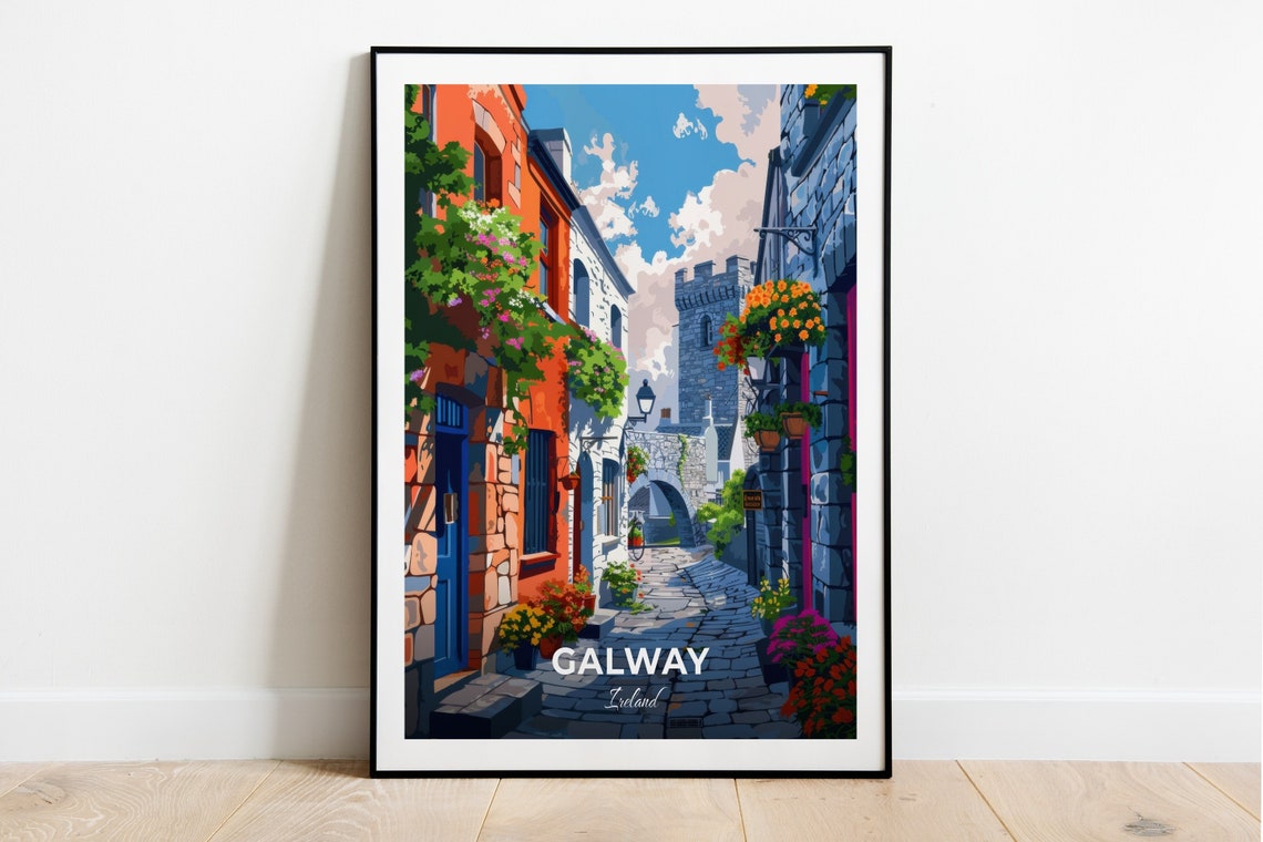Galway Ireland Spanish Arch Colorful Street Travel Poster Floral Scene
