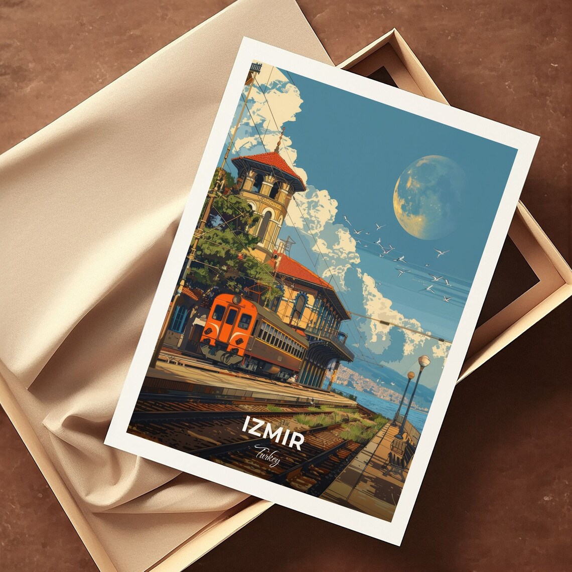 Izmir Turkey Alsancak Train Station Travel Poster Moonlight Retro Art - Image 3