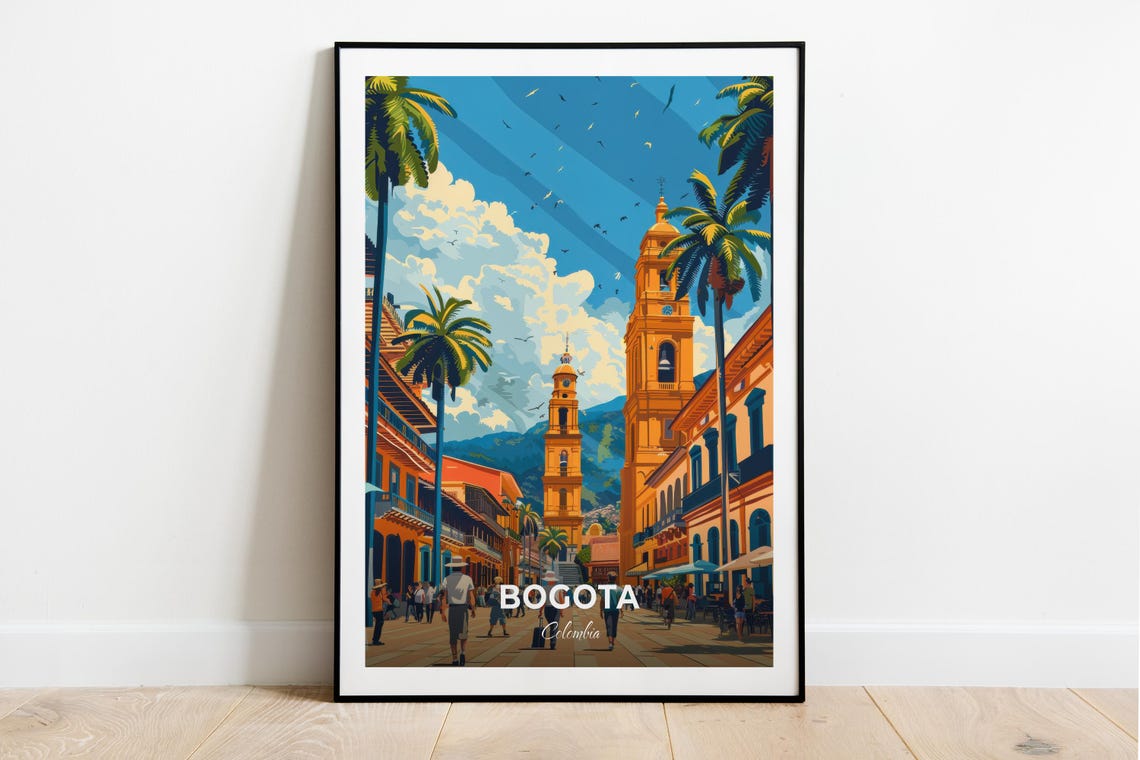 Bogota Colombia Colonial Street Palms Mountain Town Travel Poster