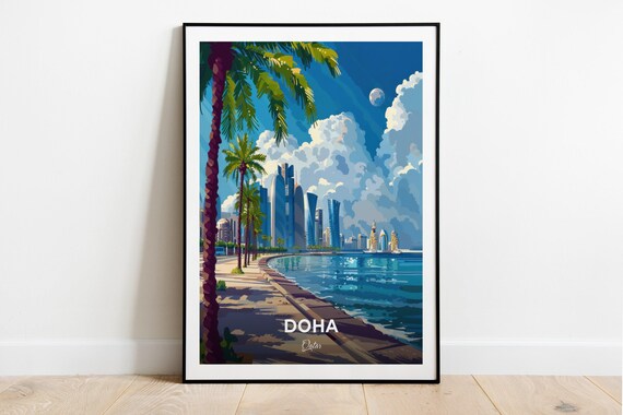 Doha Qatar Corniche Promenade Palms Skyline Bay Glow Day Poster