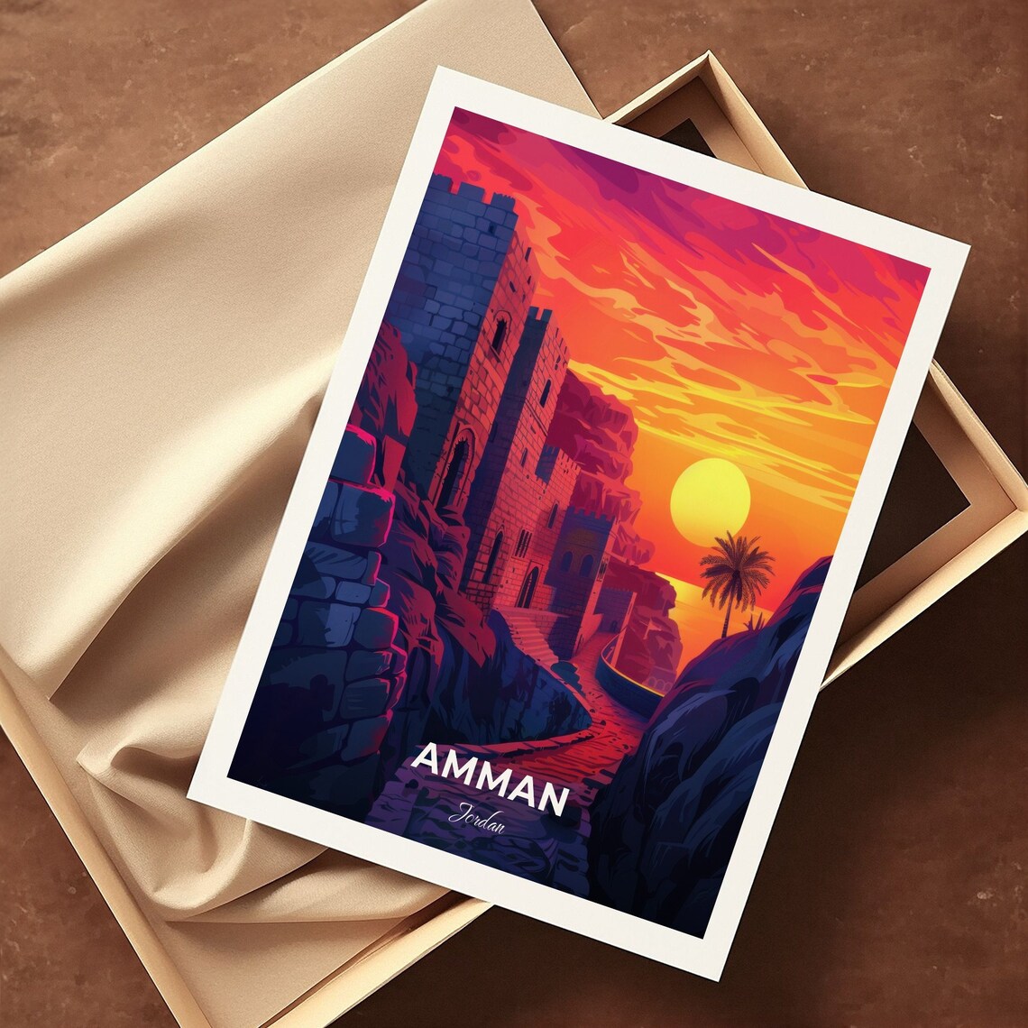 Amman Jordan Ancient Stone Fortress Towers Golden Sunset Travel Poster - Image 3