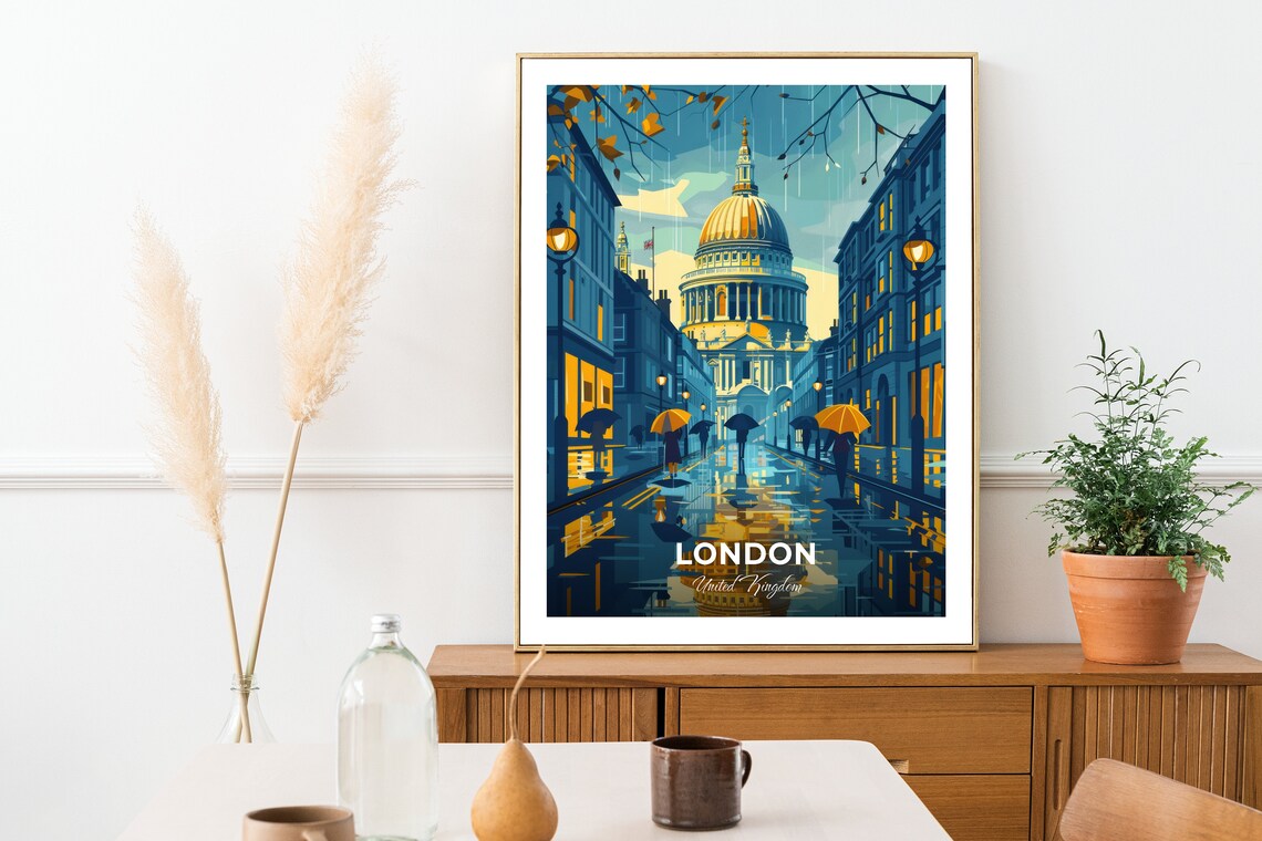 London England St Pauls Cathedral Rainy Umbrella Scene Poster - Image 2