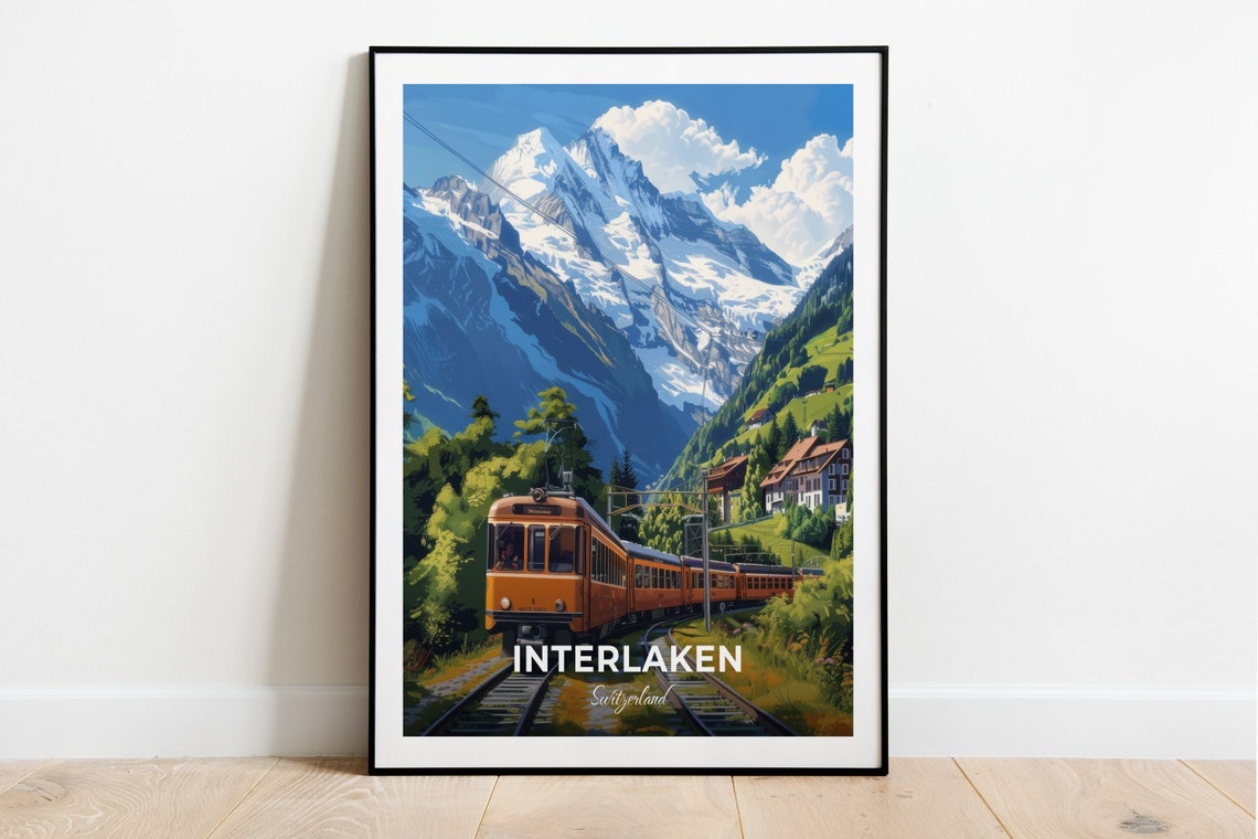 Interlaken Jungfrau Snowy Peaks Orange Train Mountain Journey Poster