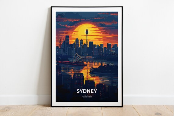 Sydney Tower Eye Blazing Sunset Skyline Cityscape Travel Poster