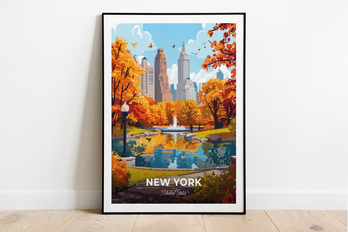 New York United States Central Park Autumn Skyline Travel Poster