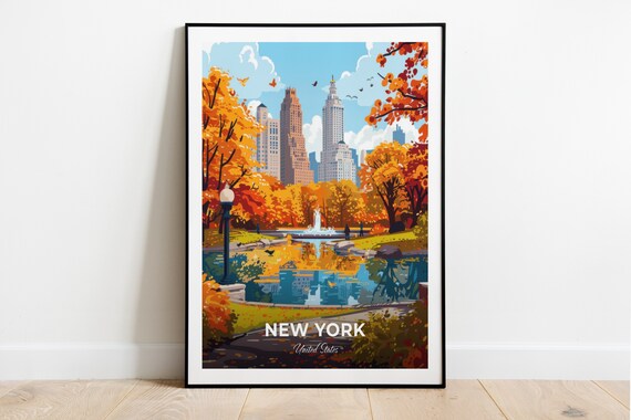 New York United States Central Park Autumn Skyline Travel Poster
