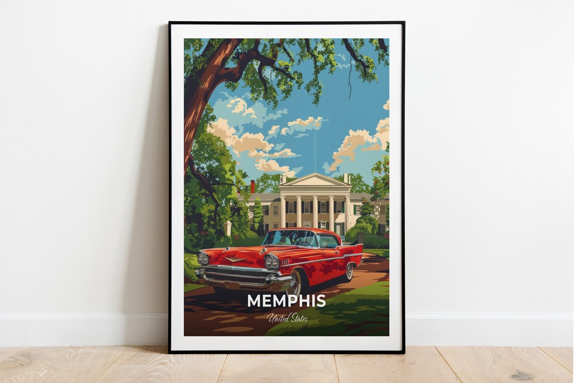 Memphis United States Graceland Red Classic Car Travel Poster