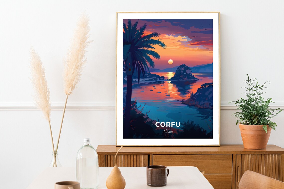 Corfu Greece Mouse Island Sunset Palm Sea View Travel Poster - Image 2