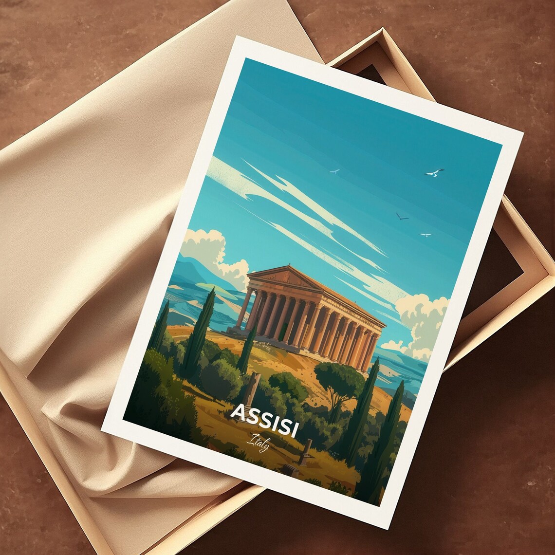 Assisi Italy Ancient Roman Temple Hilltop Cypress Travel Poster - Image 3