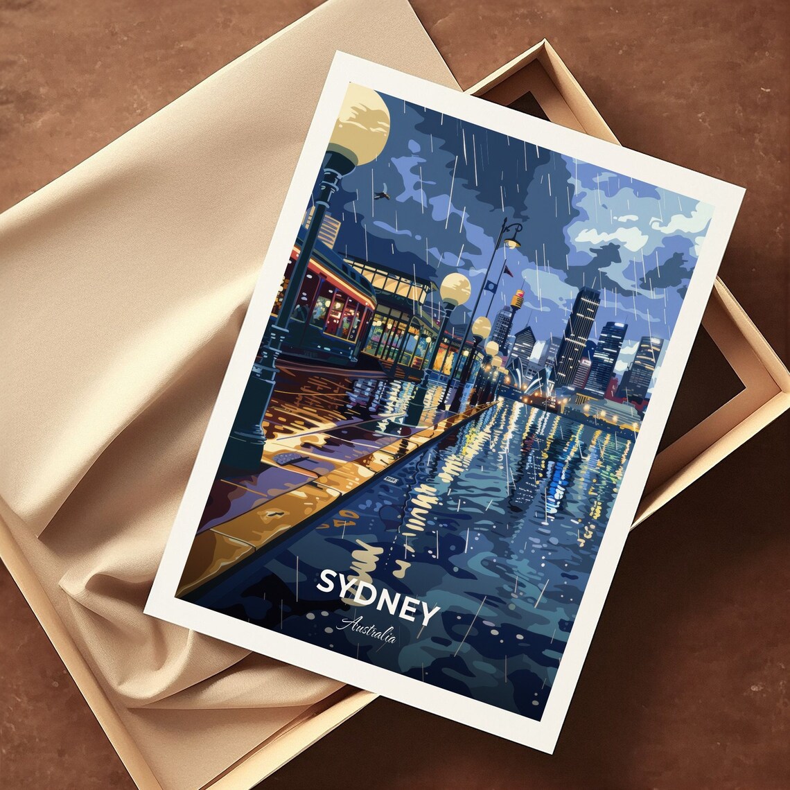 Sydney Darling Harbour Rainy Night City Lights Travel Scene Poster - Image 3