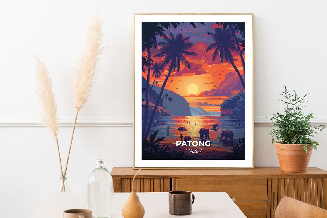 Patong Thailand Sunset Beach Palms and Elephants Travel Poster - Image 3