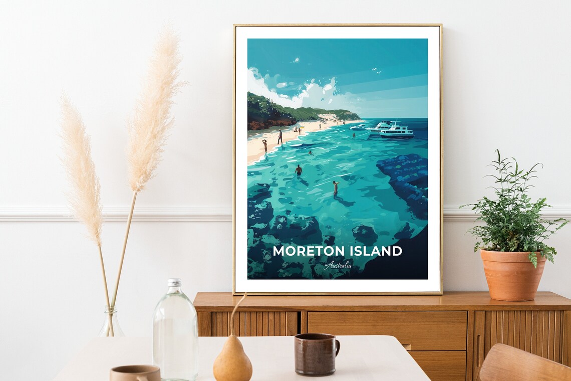 Moreton Island Australia Crystal Clear Shallows With Swimmers Travel Poster - Image 3