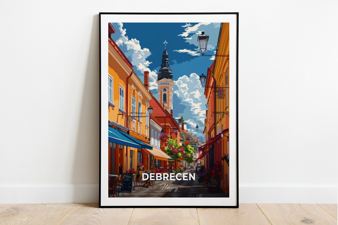 Debrecen Hungary Piac Street Old Town Cafes Church Spire Sunny Poster
