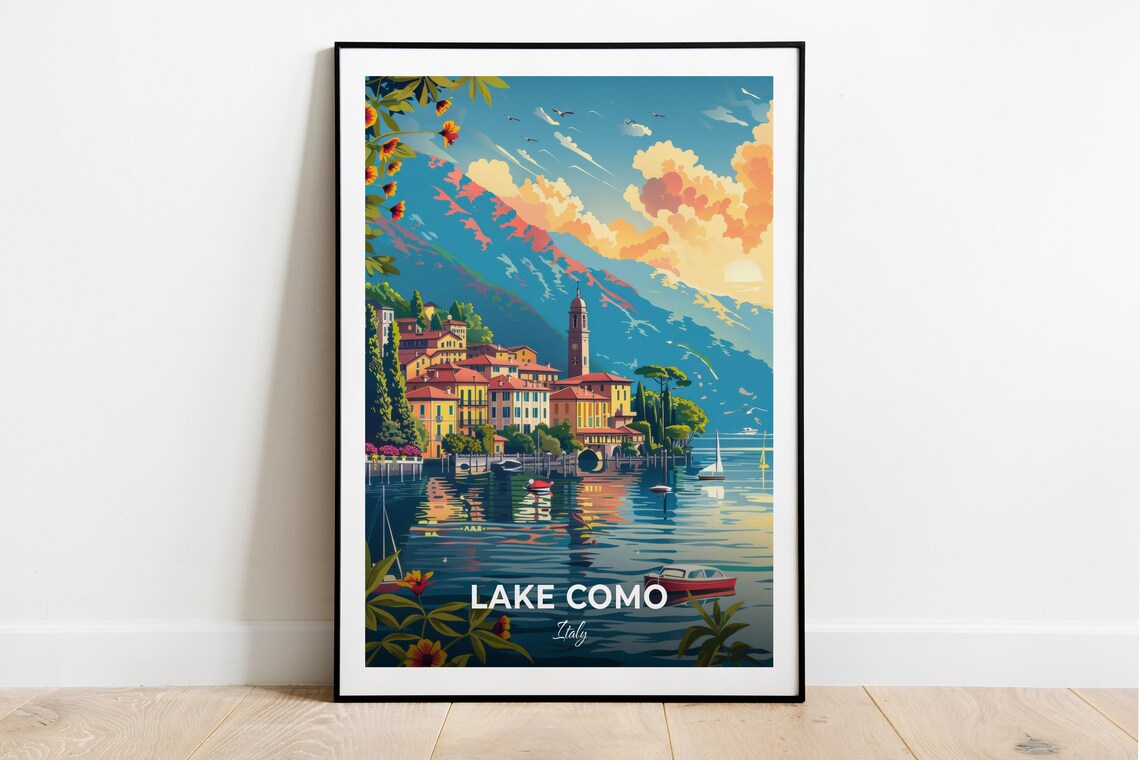 Lake Como Italy Lakeside Town Boats Mountain Shore Travel Poster