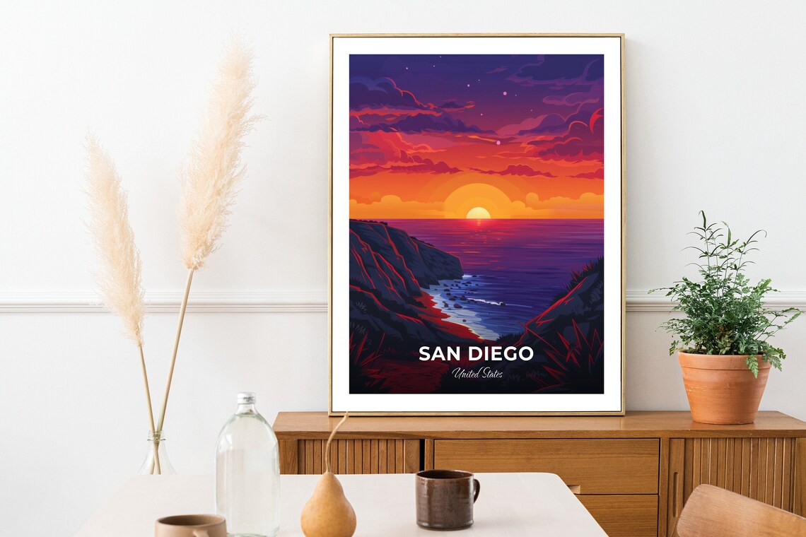 San Diego Sunset Over the Coastal Cliffs United States Travel Poster - Image 2