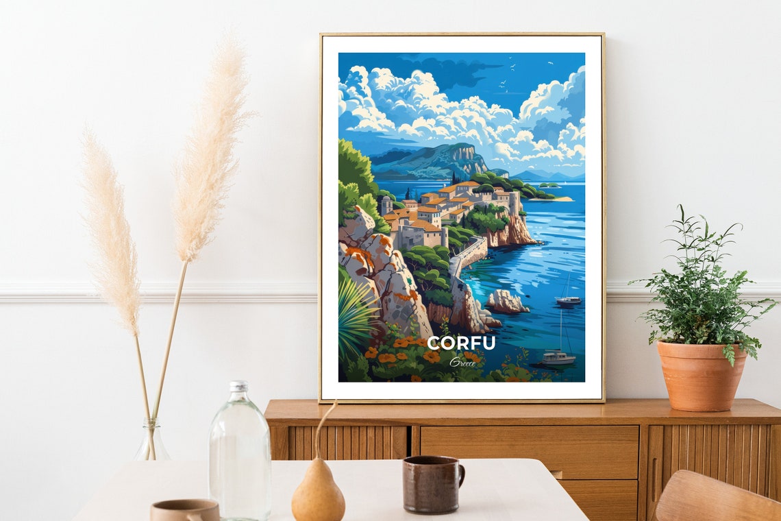 Corfu Greece Old Fortress Coastal Town Cliffs Harbour Travel Poster - Image 2