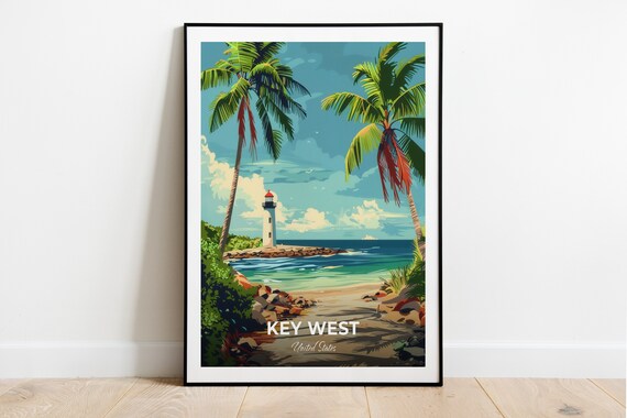 Key West Lighthouse Beach Palm Tree Tropical Scene Travel Poster