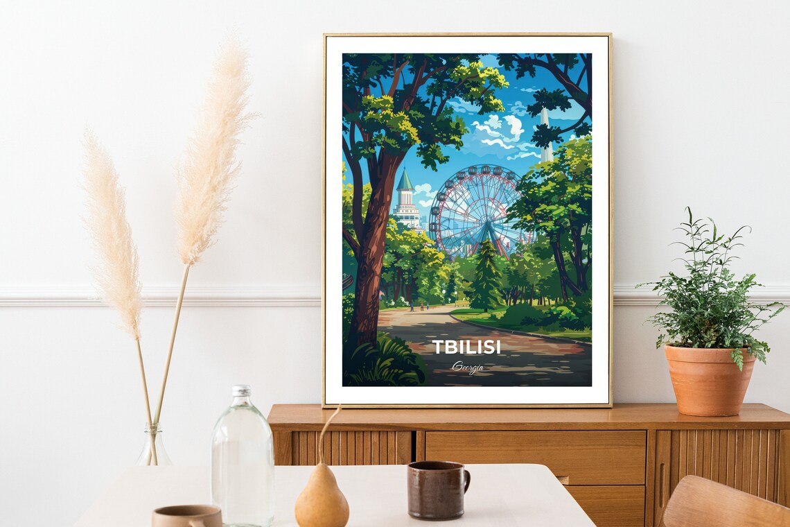 Tbilisi Georgia Mtatsminda Park Ferris Wheel Tree Lined Avenue Poster - Image 2