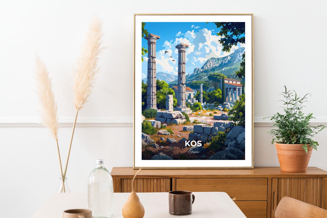 Kos Greece Ancient Ruins Columns Hillside Travel View Poster - Image 3