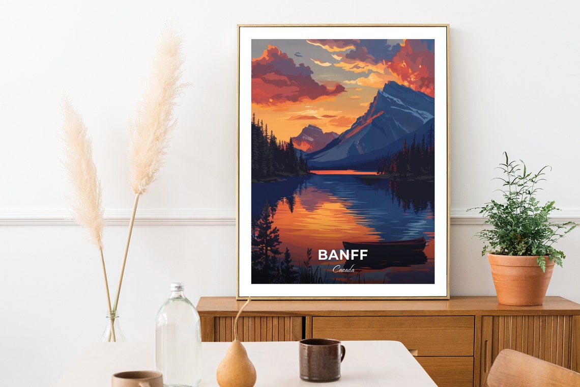 Banff Vermilion Lakes Canoe Sunset Mountain Water Reflection Poster - Image 2