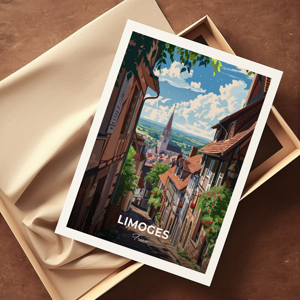 Limoges France Old Village Street Church Tower Flowers Charming Poster - Image 3
