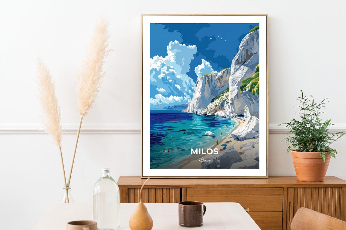 Milos Greece White Rock Beach Cove Swimmers Summer Travel Poster - Image 3