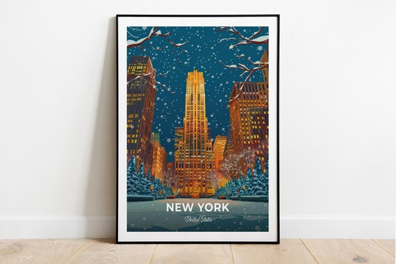 New York United States Rockefeller Center Winter Snow Travel Poster