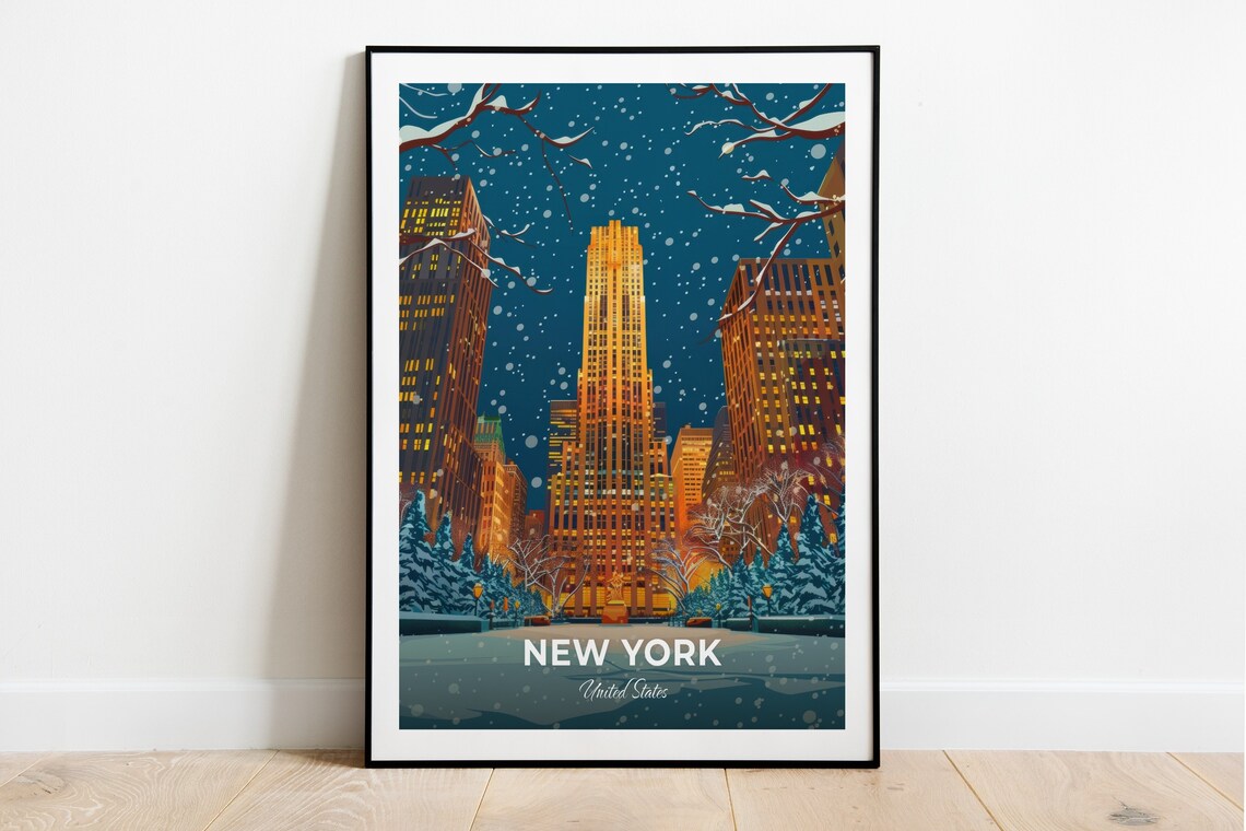 New York United States Rockefeller Center Winter Snow Travel Poster