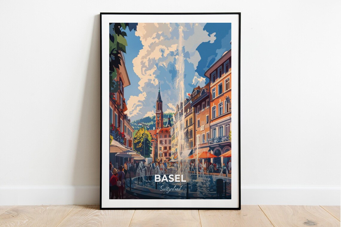 Basel Switzerland Old Town Square Fountain Cafe Scene Travel Poster