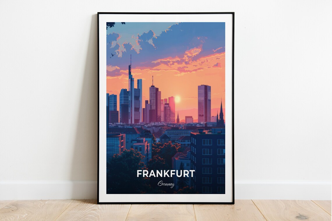 Frankfurt Skyline at Sunset Germany Cityscape Evening Travel Poster