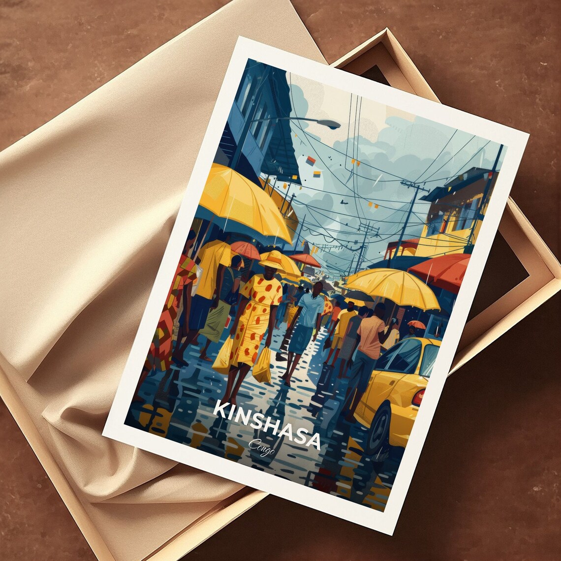 Kinshasa Central Market Rainy Street Umbrellas Vendors Congo Travel Poster - Image 3
