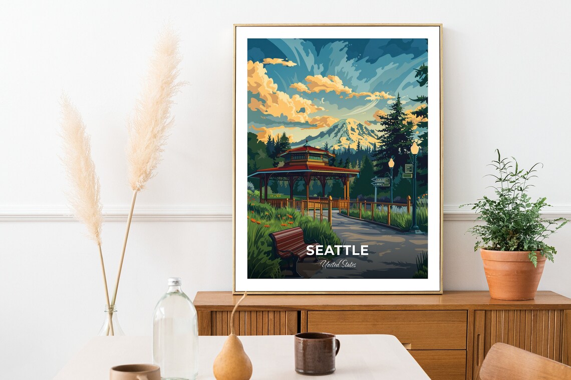 Seattle Woodland Park Pavilion Snow Capped Mountain View Travel Poster - Image 2