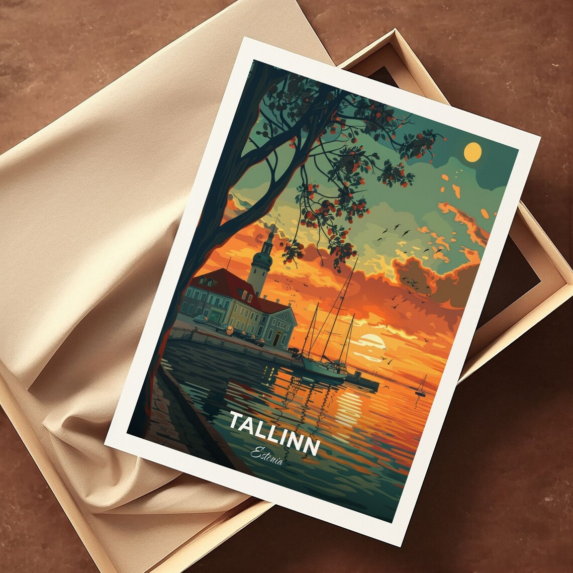 Tallinn Estonia Harbor Sunset Sailboats Golden Moon Travel Poster - Image 3