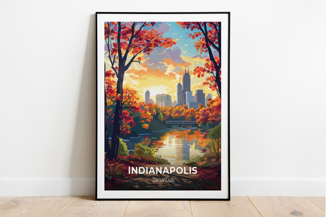 Indianapolis United States Autumn Park Lake Skyline Travel Poster