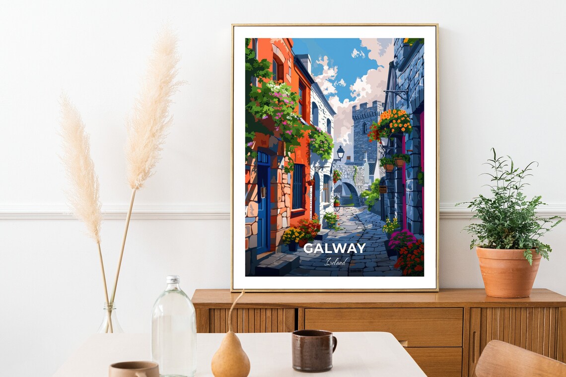 Galway Ireland Spanish Arch Colorful Street Travel Poster Floral Scene - Image 2