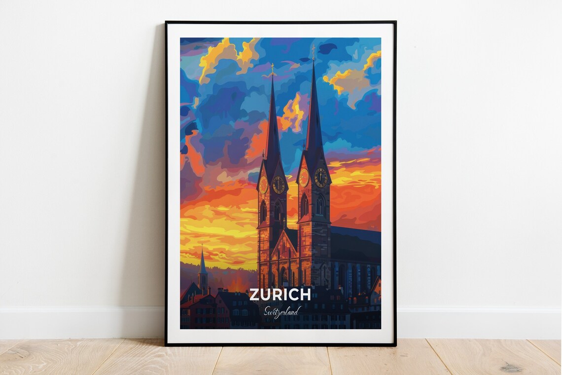 Zurich Switzerland Twin Church Towers Under Fiery Sunset Sky Poster