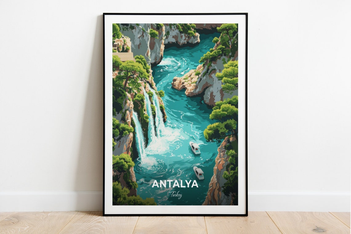 Antalya Duden Waterfalls Over Turquoise Cliffs Turkey Travel Poster