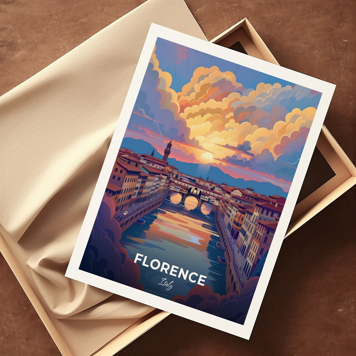 Florence Ponte Vecchio Arno River Sunset Glow Italy Travel Poster - Image 3