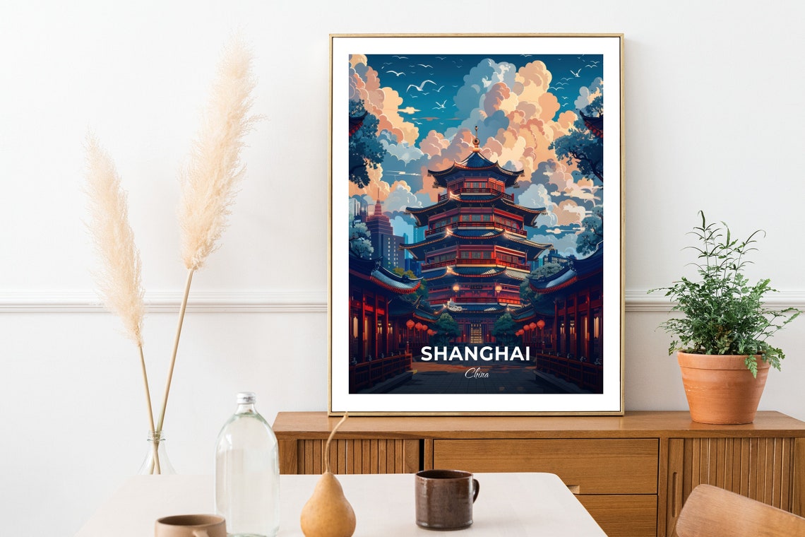 Shanghai Pagoda Temple Glowing Night Skyline Travel Art Poster - Image 2