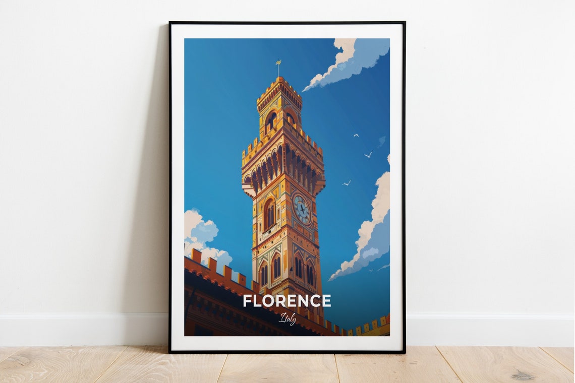 Florence Palazzo Vecchio Clock Tower Bright Sky Travel Scene Poster