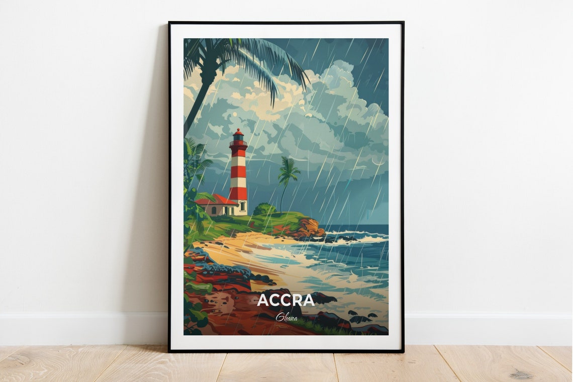 Accra Ghana Jamestown Lighthouse Stormy Coast View Travel Poster