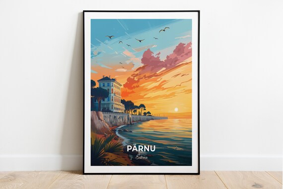 Parnu Estonia Golden Sunset Coastline Cliffside Travel Art Poster