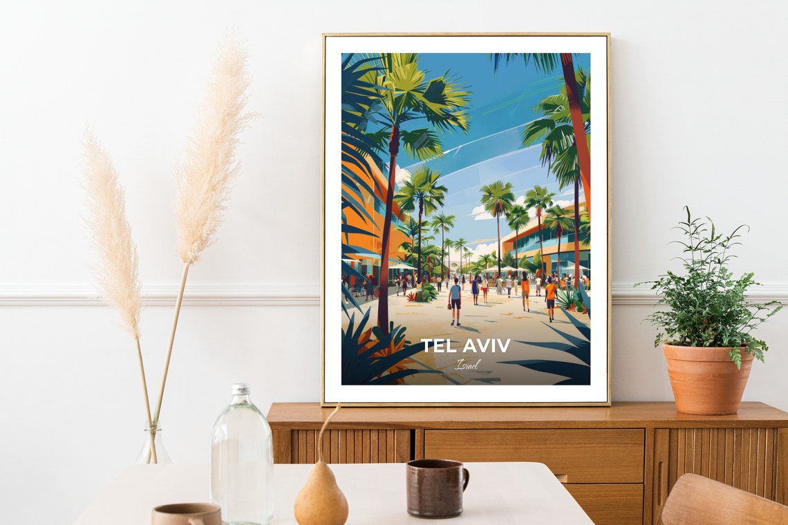 Tel Aviv Palm Lined Promenade Plaza Beach Stroll Travel Scene Poster - Image 2